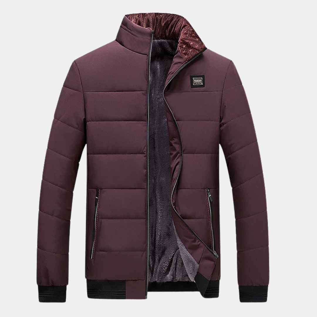 Burgundy padded jacket with stand collar, front zipper, and side pockets