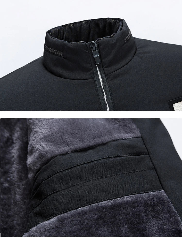 Black padded jacket detail: stand collar and textured lining near zip