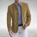 Men's khaki smart casual jacket, button front with chest and flap side pockets.