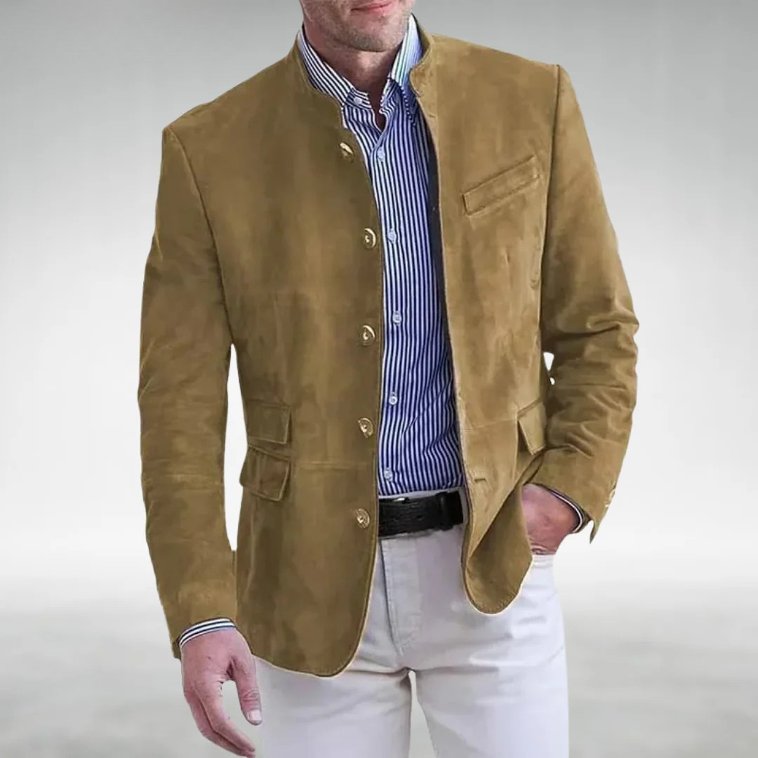 Men's khaki smart casual jacket, button front with chest and flap side pockets.