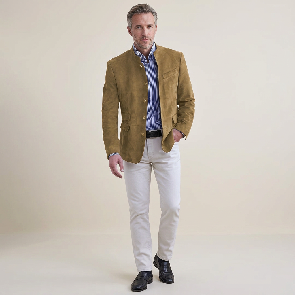 Men's lightweight khaki tailored blazer with notch lapels and button front