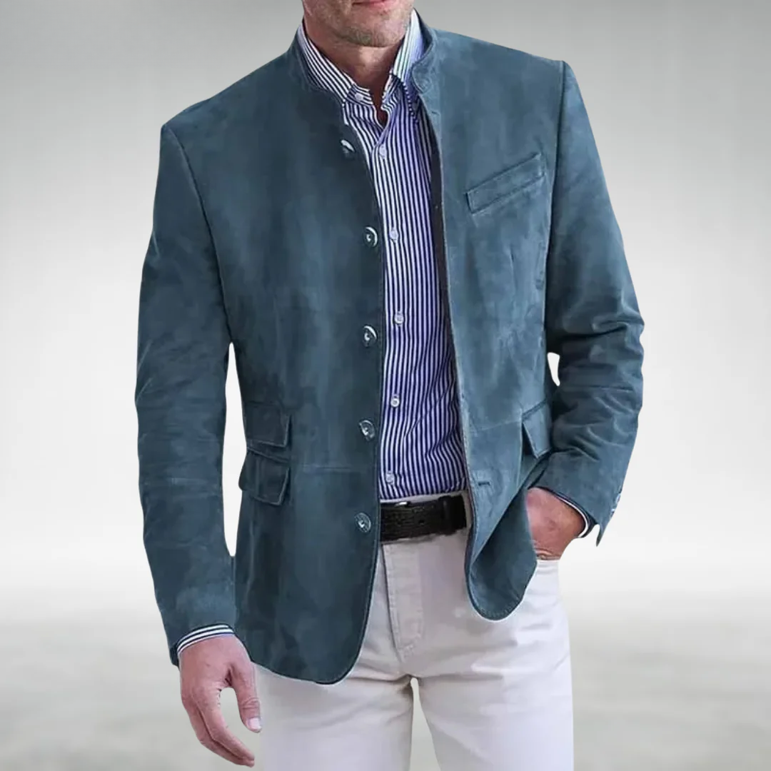 Men's blue smart casual jacket, button front with chest and flap side pockets.