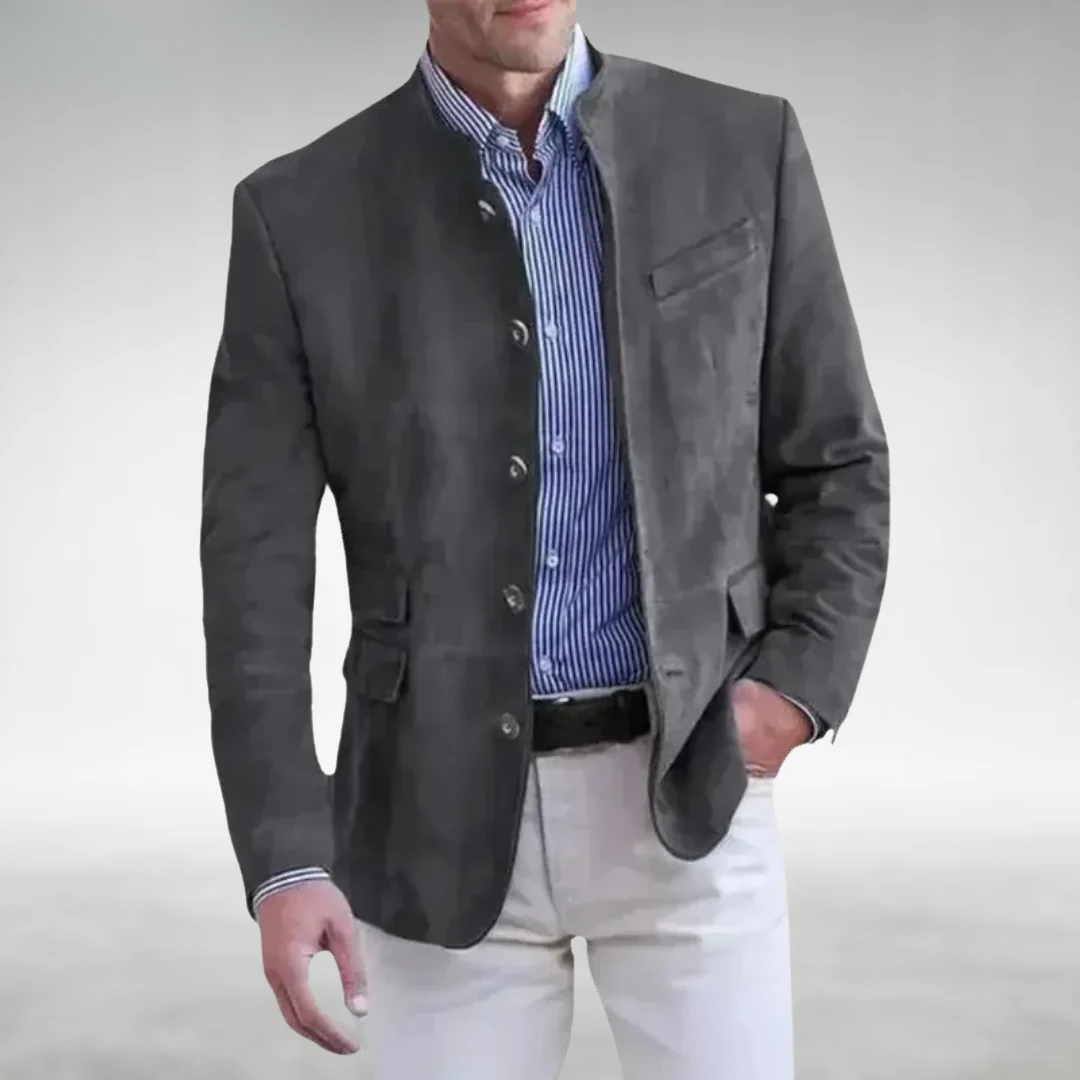Men's dark gray smart casual jacket, button front with chest and flap side pockets.