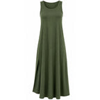Women’s sleeveless round-neck maxi dress in dark green with side slit