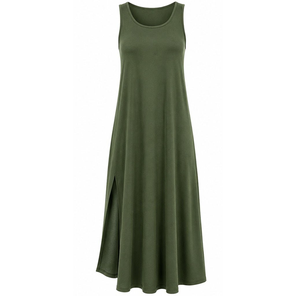 Women’s sleeveless round-neck maxi dress in dark green with side slit