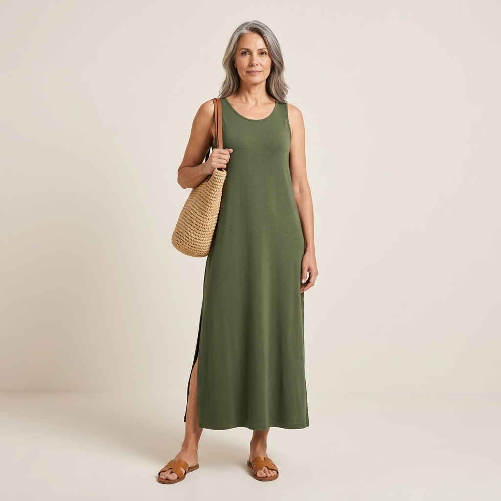 Olive green sleeveless maxi dress with scoop neck, side slits, and pockets