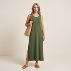 Olive green sleeveless maxi dress with scoop neck, side slits, and pockets