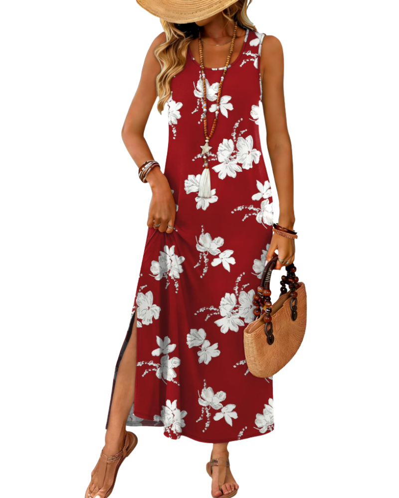 Sleeveless maxi dress in deep red with white floral print, round neckline, side slit hem.
