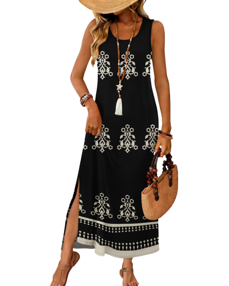 Sleeveless maxi dress in black with white embroidery motifs, round neckline, side slit hem.