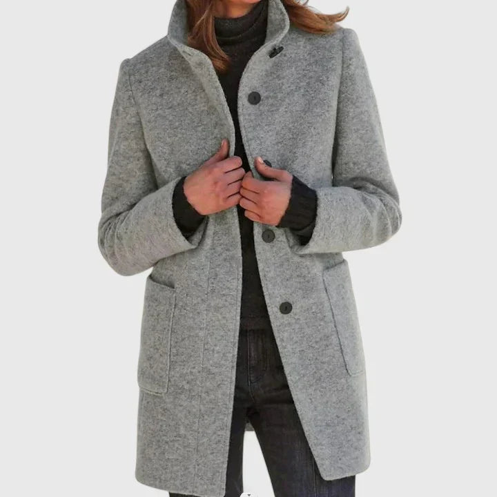Gray elegant coat with button front, notched lapels, and side pockets