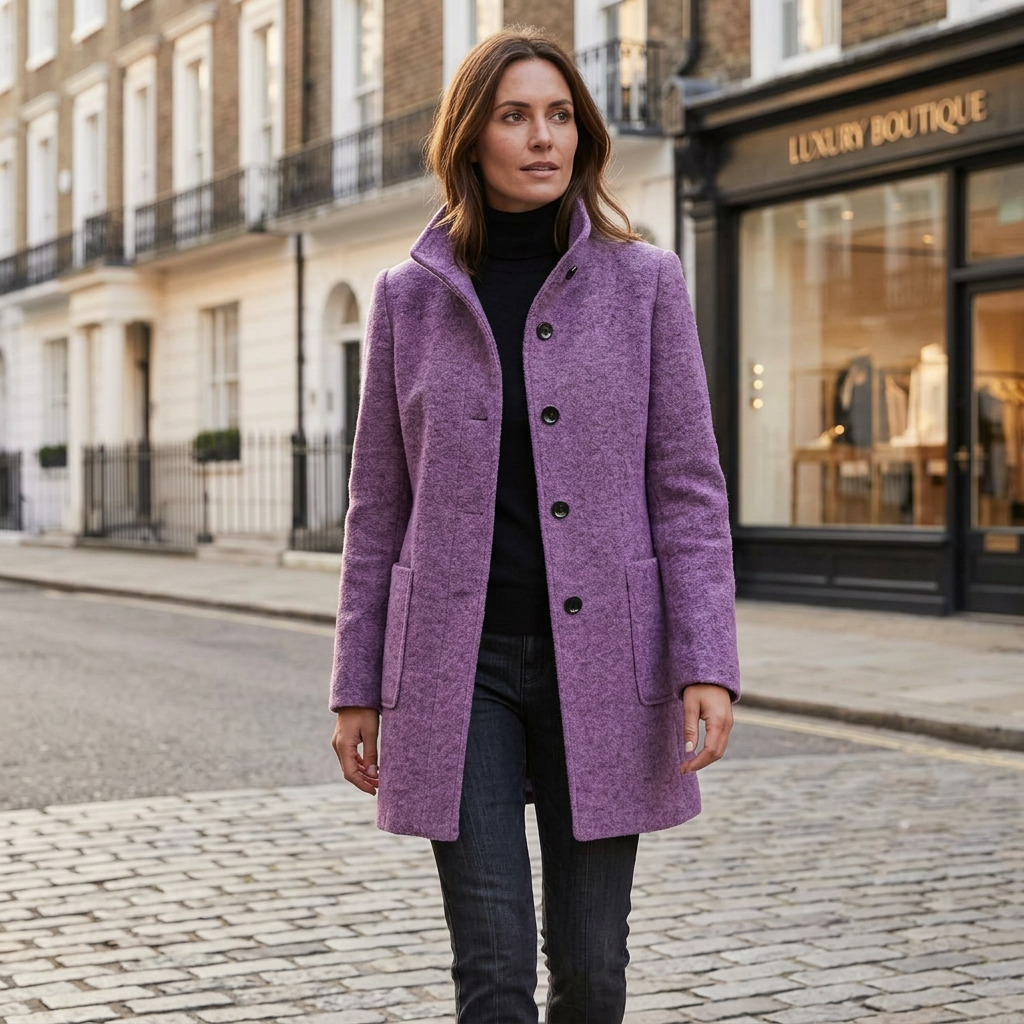 Women's wool blend winter coat in purple with high collar and button-front closure