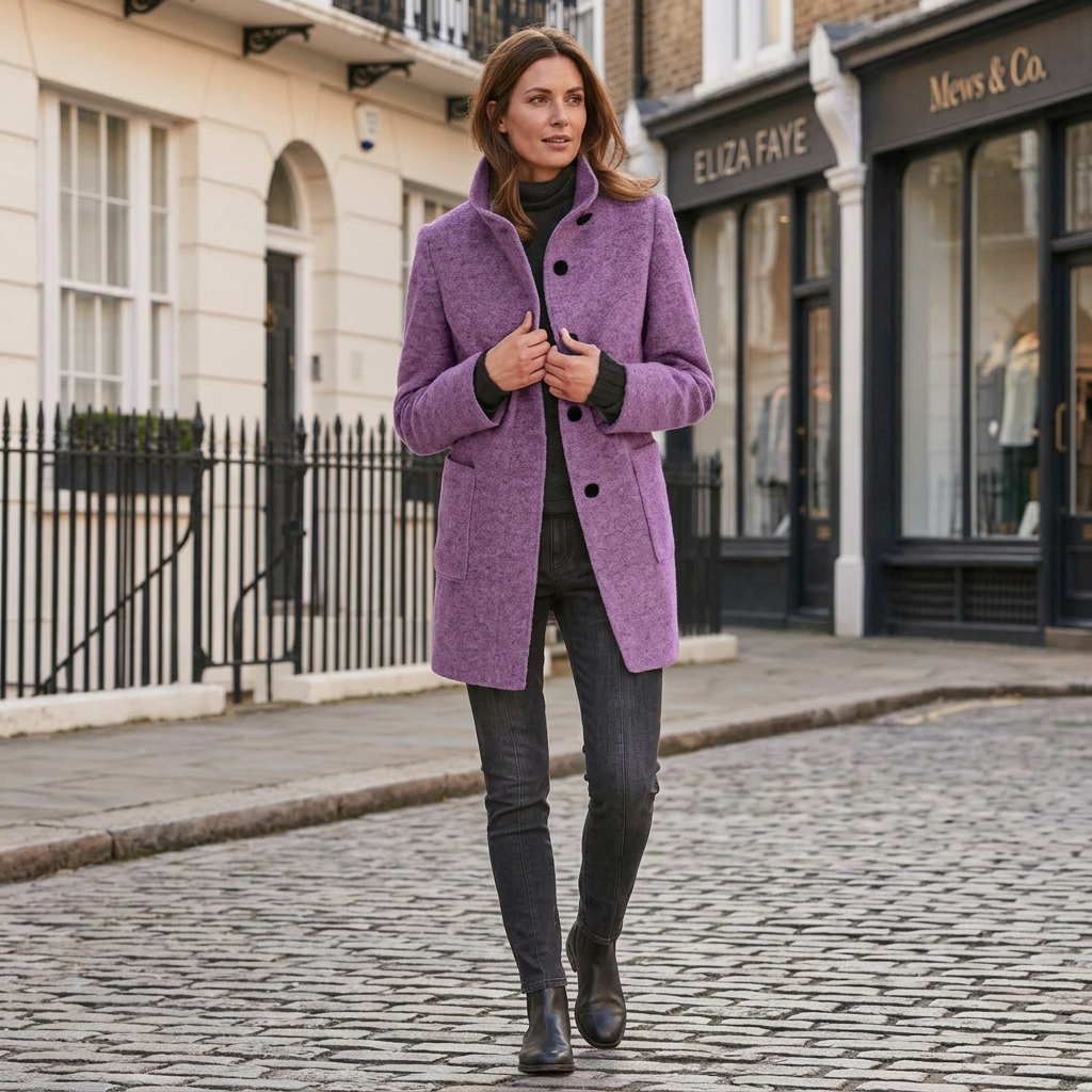 Women's wool-blend winter coat, purple, high collar, button-front, regular fit