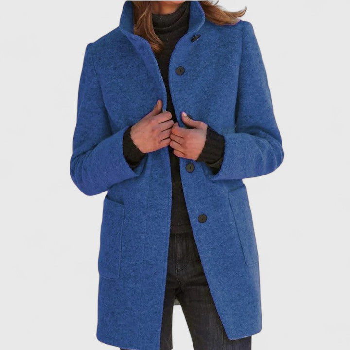 Blue elegant coat with button front, notched lapels, and side pockets