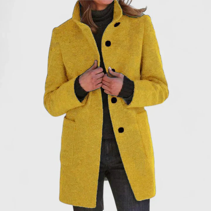 Jayzmarie elegant coat in mustard yellow, button-front with stand collar and flap pockets