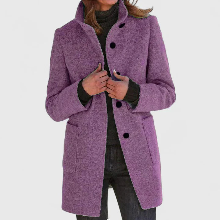 Purple elegant coat with button front, notched lapels, and side pockets