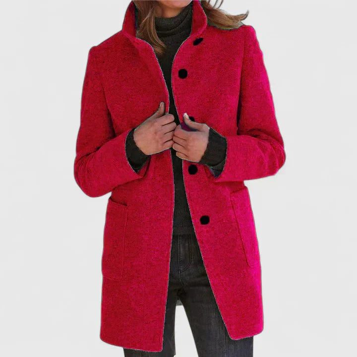 Red elegant coat with button front, notched lapels, and side pockets