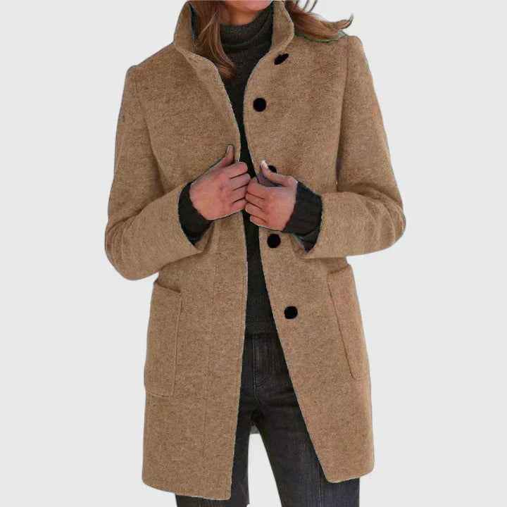 Khaki elegant coat with button front, notched lapels, and side pockets