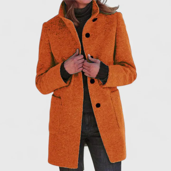 Orange elegant coat with button front, notched lapels, and side pockets
