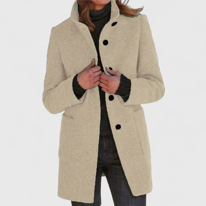 Light gray elegant coat with button front, notched lapels, and side pockets
