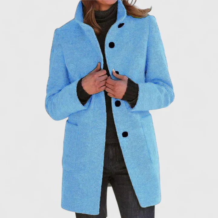 Light blue elegant coat with button front, notched lapels, and side pockets