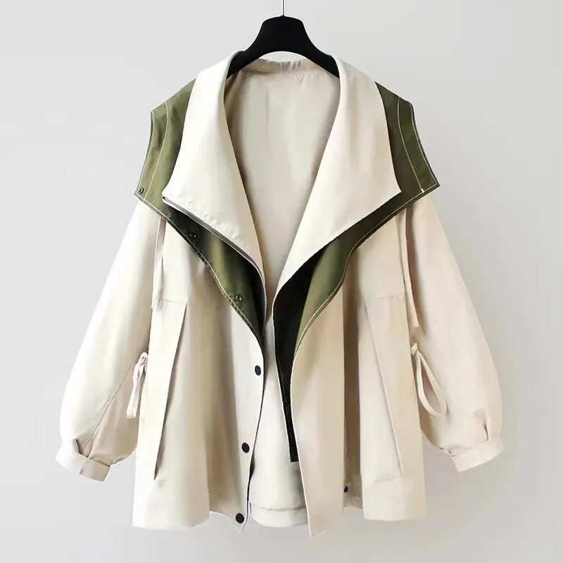 Two-tone windbreaker jacket with layered front, drawstring cuffs, olive and cream
