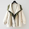 Two-tone windbreaker jacket with layered front, drawstring cuffs, olive and cream