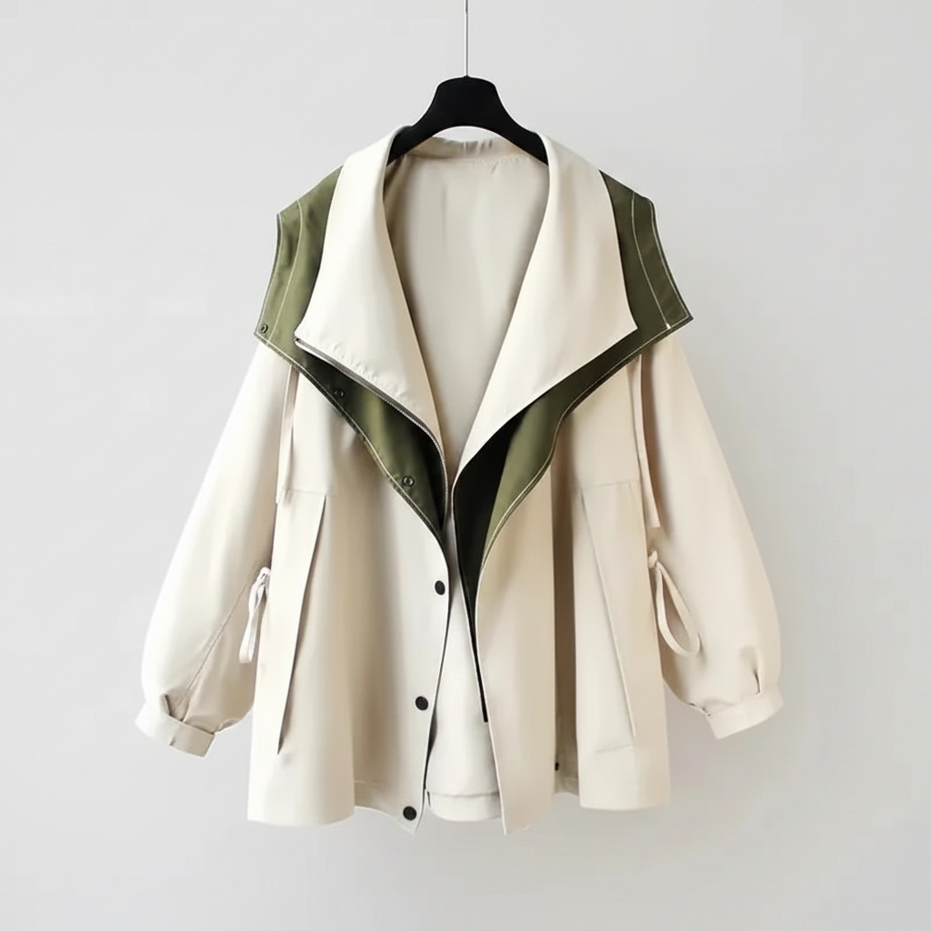 Layered windbreaker jacket with button placket and drawstring cuffs, cream and olive