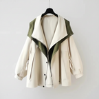 Layered windbreaker jacket with button placket and drawstring cuffs, cream and olive