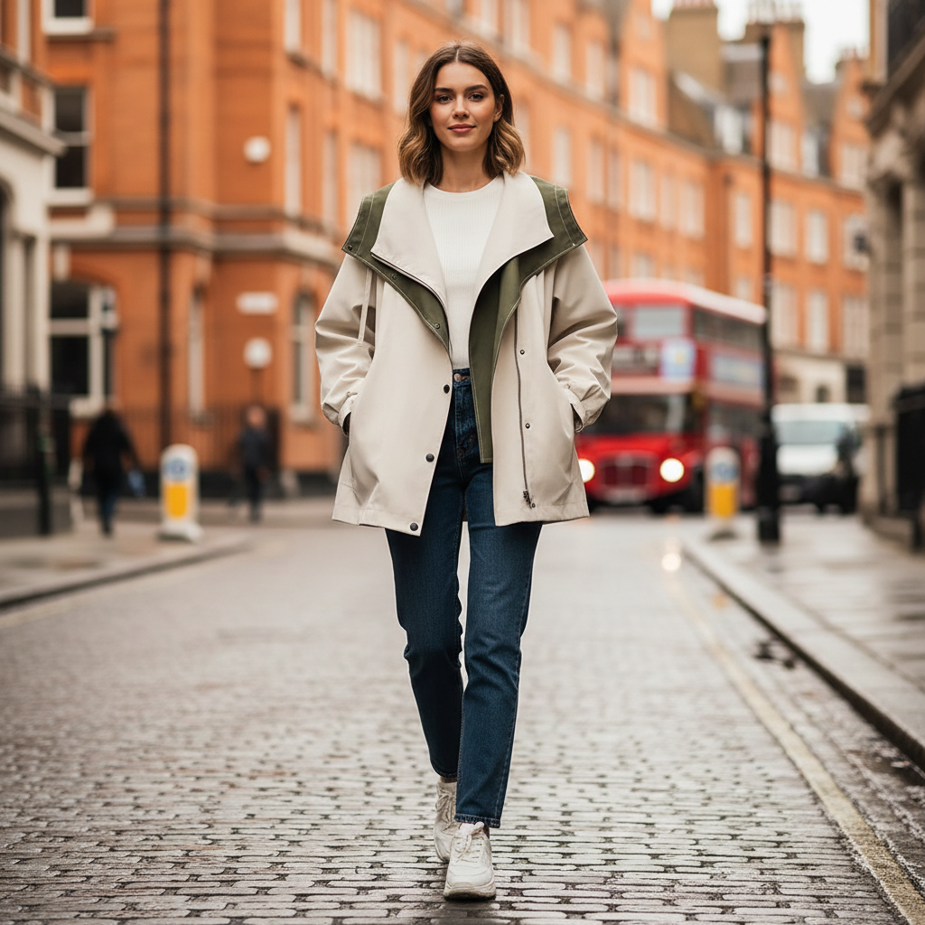 Two-tone windbreaker jacket on model with layered front and snap placket, olive and cream