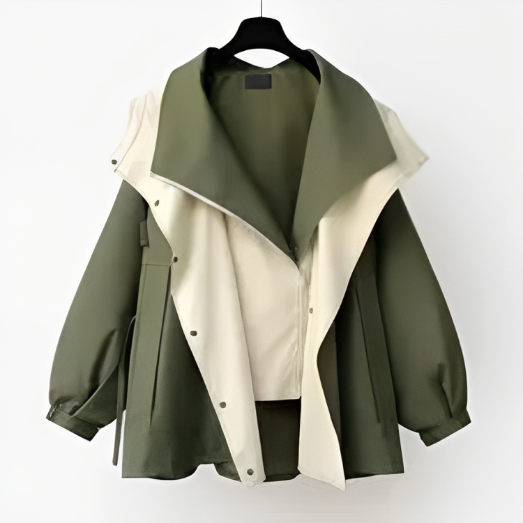Two-tone windbreaker jacket with snap front and drawstring cuffs, olive and cream