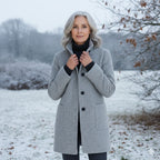 Gray mid-length wool coat with button front, notch collar, and side pockets