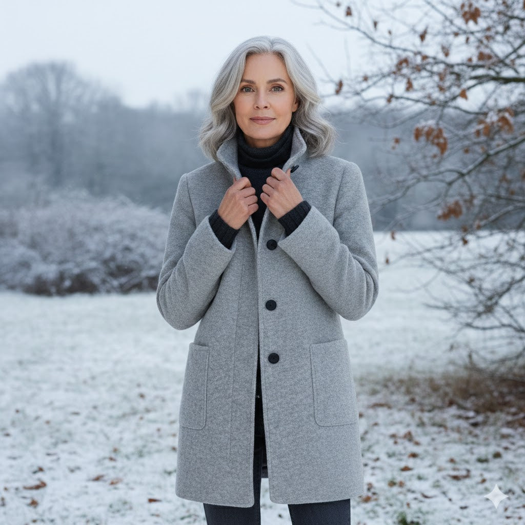 Gray mid-length wool coat with button front, notch collar, and side pockets