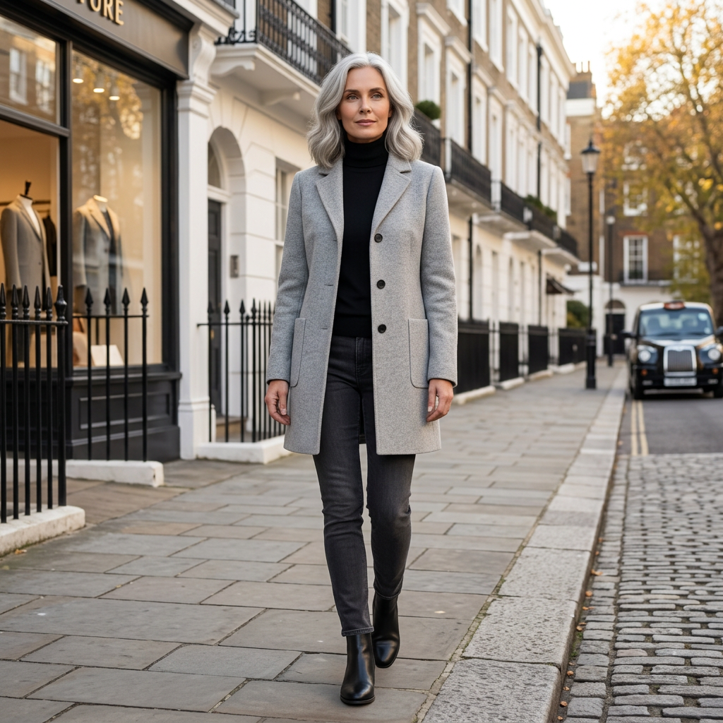 Women’s mid-length wool coat, light gray with half stand collar and tied waist belt