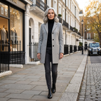 Women’s mid-length wool coat, light gray with half stand collar and tied waist belt