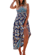 Floral smocked maxi dress, blue floral print with thin straps and side slit