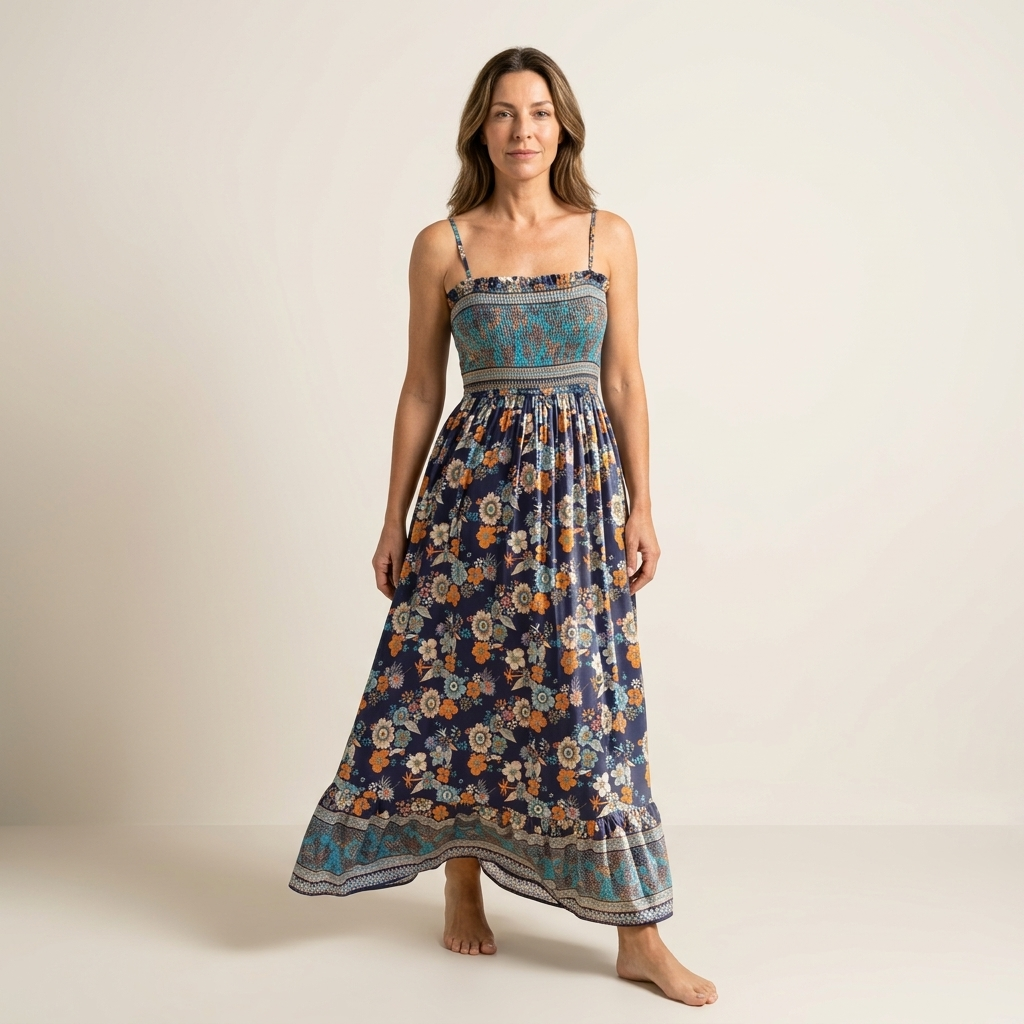 Women’s floral smocked maxi dress with spaghetti straps, blue multicolor print