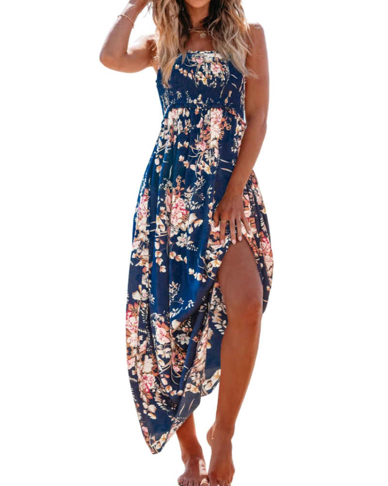 Floral smocked maxi dress with thin straps, ruffled hem, side slit; dark blue with pink flowers
