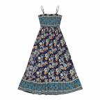 Blue floral smocked maxi dress with thin straps and ruffled tiered hem