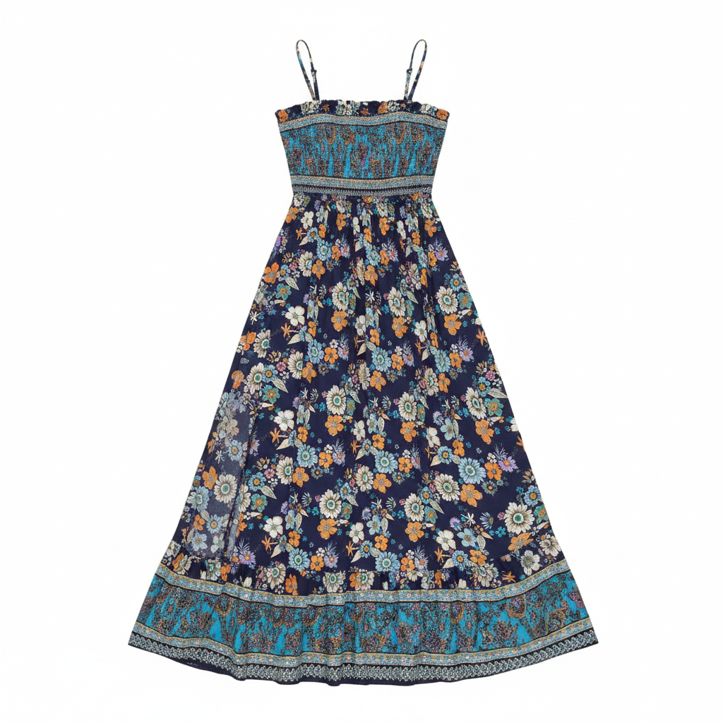 Blue floral smocked maxi dress with thin straps and ruffled tiered hem