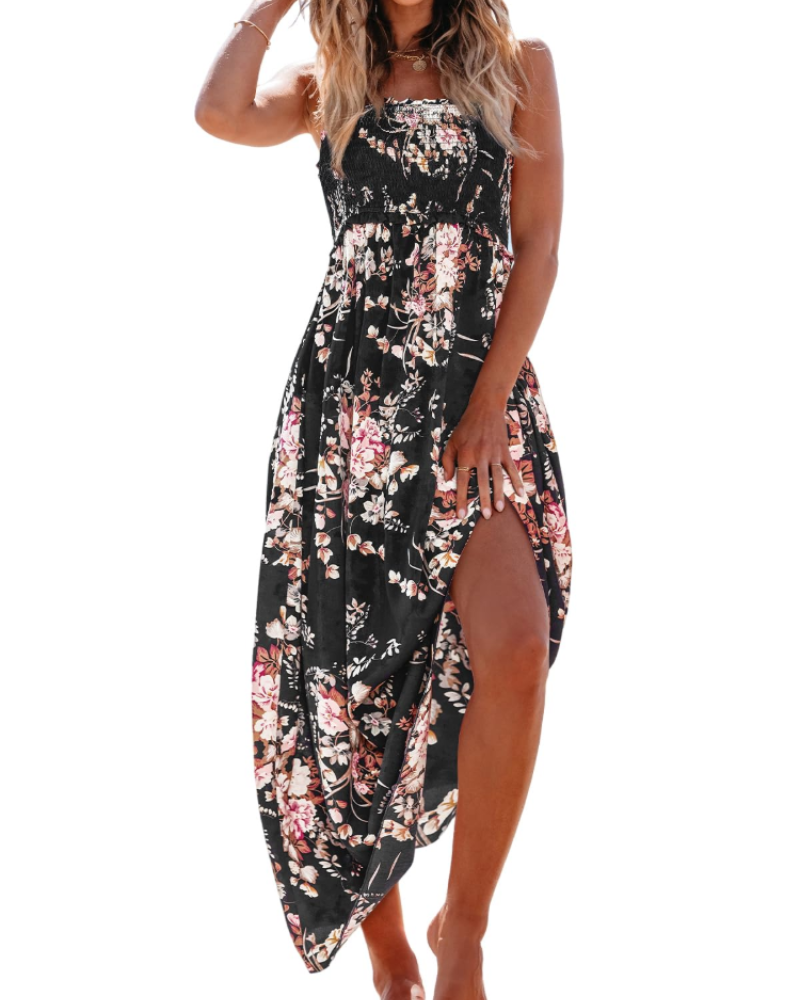Floral smocked maxi dress, black with pink and white floral print and side slit