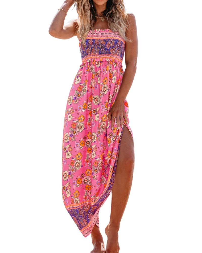 Floral smocked maxi dress, pink floral print with thin straps and side slit