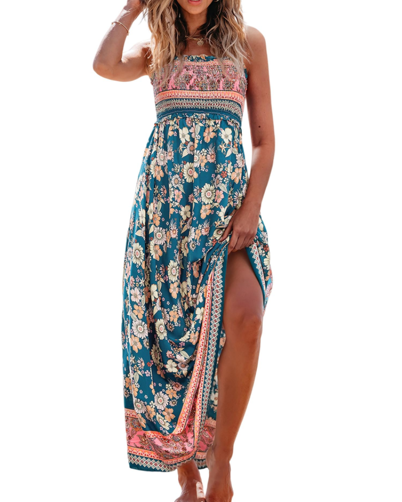 Floral smocked maxi dress, teal blue floral print with thin straps and side slit