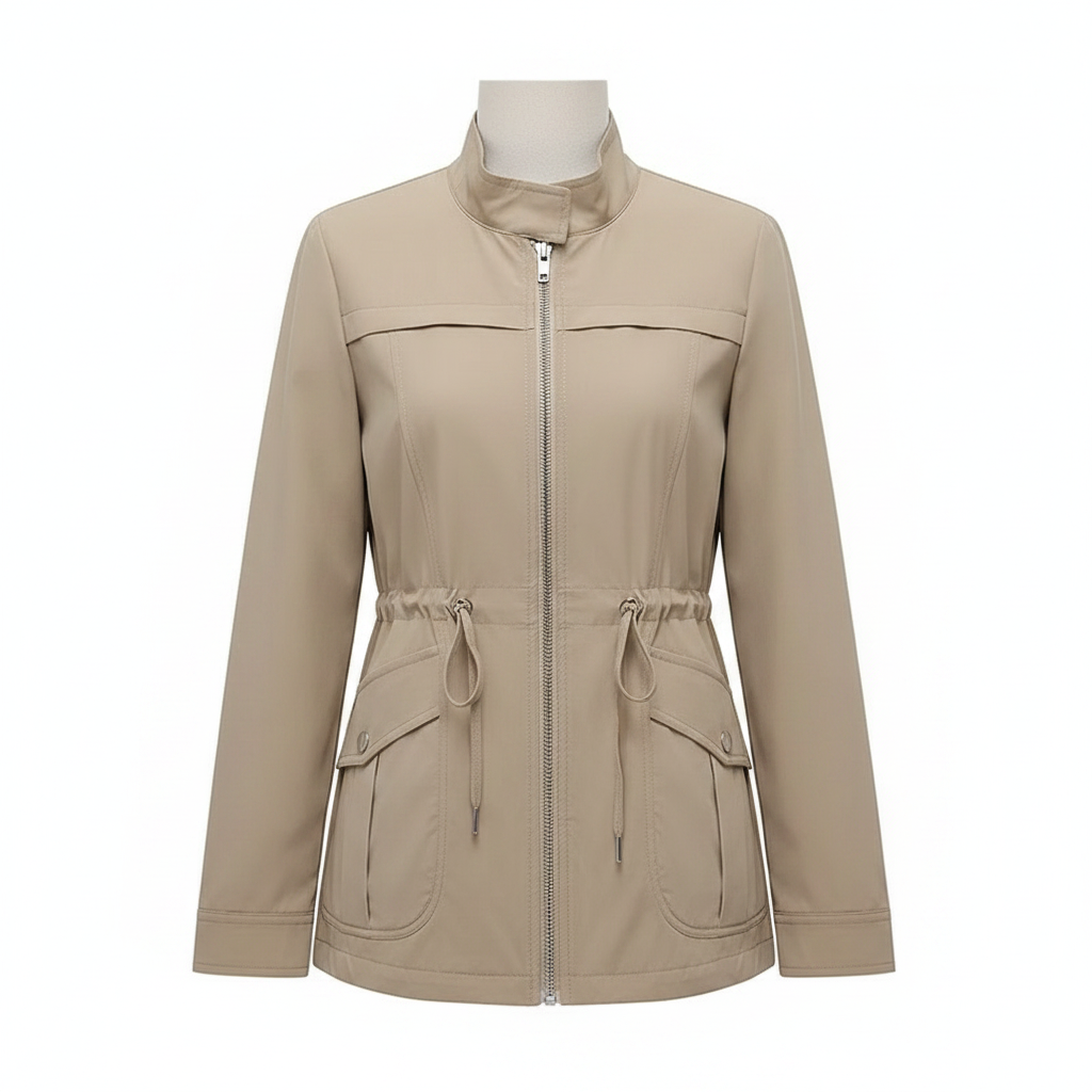 Beige high-neck full-zip jacket with drawstring waist and flap pockets, front view