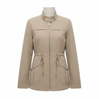 Beige high-neck full-zip jacket with drawstring waist and flap pockets, front view
