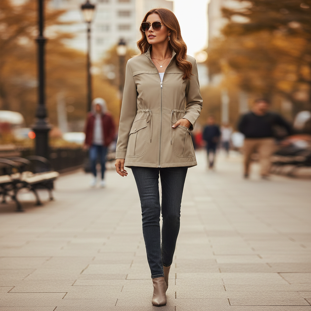 Beige high-neck full-zip jacket with elastic waist and side pockets, worn outdoors