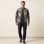 Men's vintage denim jacket with zip front and chest flap pockets, dark wash