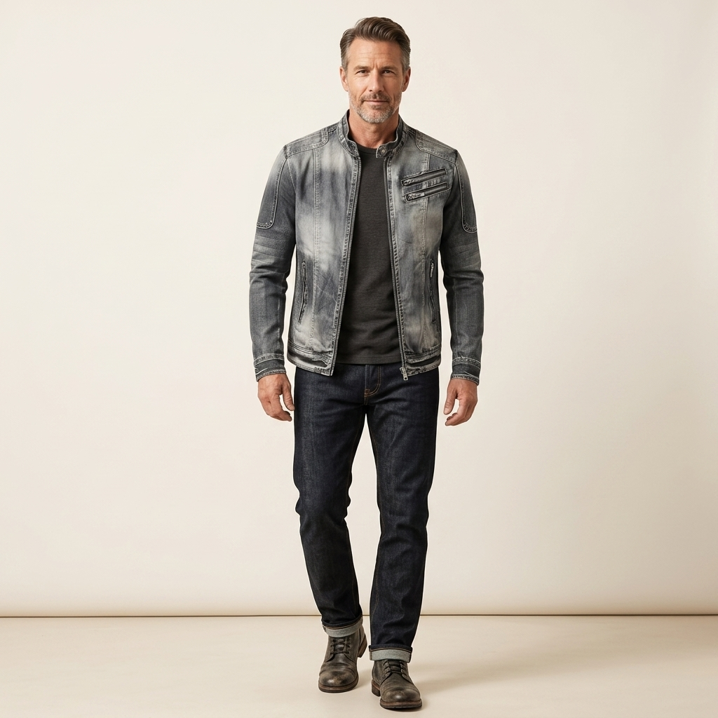 Men's vintage denim jacket with zip front and chest flap pockets, dark wash