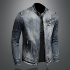 Light blue vintage denim jacket with zip front, stand collar, chest and side zip pockets