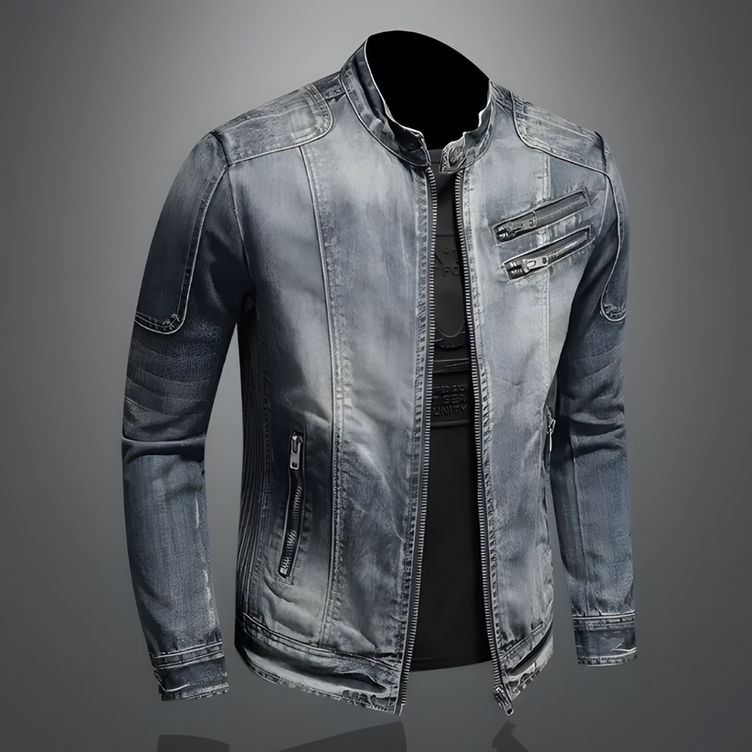 Light blue vintage denim jacket with zip front, stand collar, chest and side zip pockets