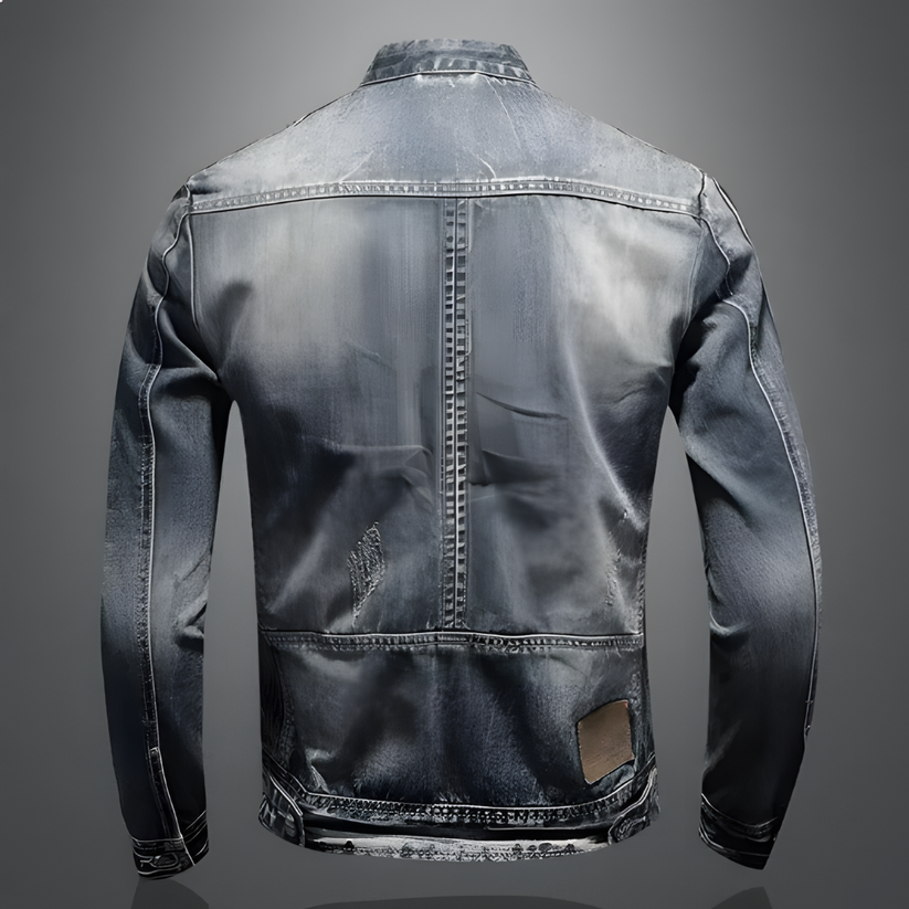 Back view of light blue vintage denim jacket with centered seam and yoke stitching